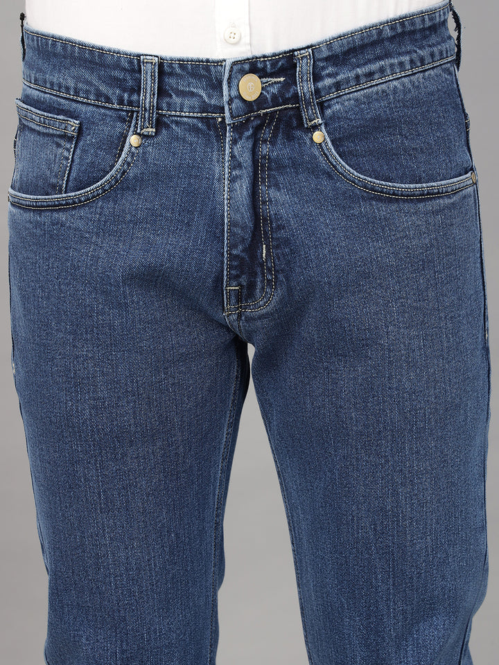 Hancock Men Medium Blue Solid Cotton Elastene Relaxed Fit Casual Jeans