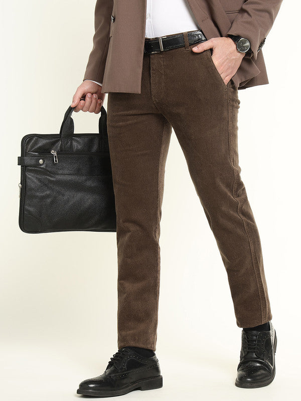 Hancock Men Brown Cotton Stretch Mid-Rise Slim Fit Corduroy Trousers