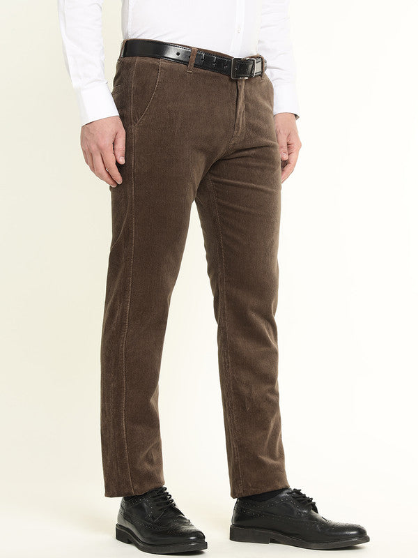 Hancock Men Brown Cotton Stretch Mid-Rise Slim Fit Corduroy Trousers