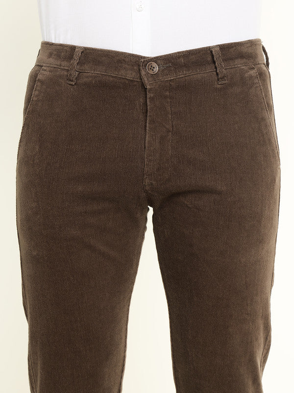 Hancock Men Brown Cotton Stretch Mid-Rise Slim Fit Corduroy Trousers