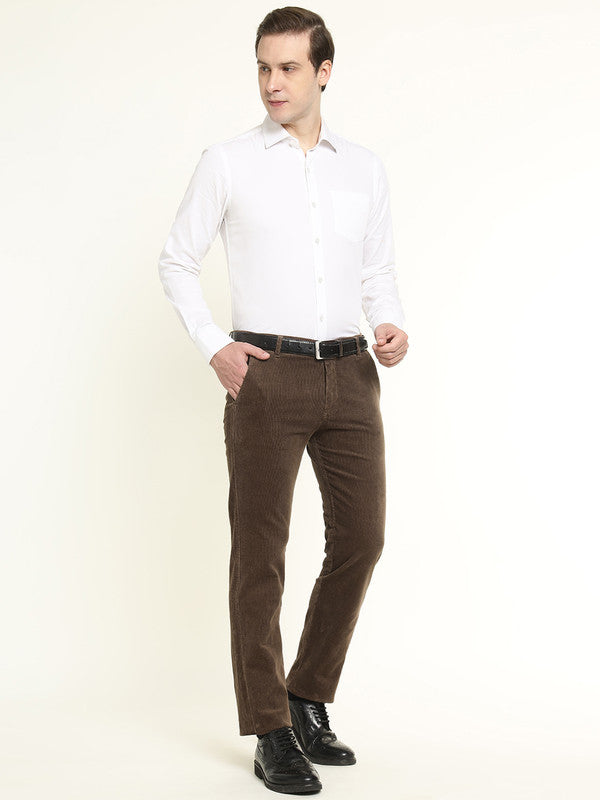 Hancock Men Brown Cotton Stretch Mid-Rise Slim Fit Corduroy Trousers