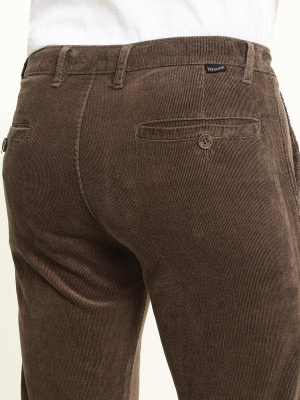 Hancock Men Brown Cotton Stretch Mid-Rise Slim Fit Corduroy Trousers