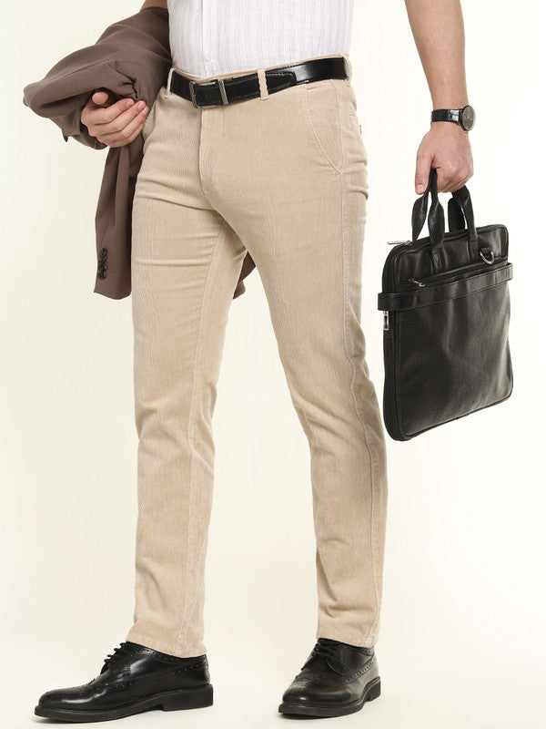 Hancock Men Greige Cotton Stretch Mid-Rise Slim Fit Corduroy Trousers
