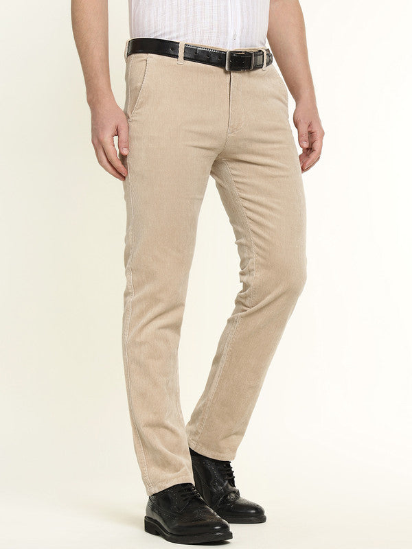 Hancock Men Greige Cotton Stretch Mid-Rise Slim Fit Corduroy Trousers