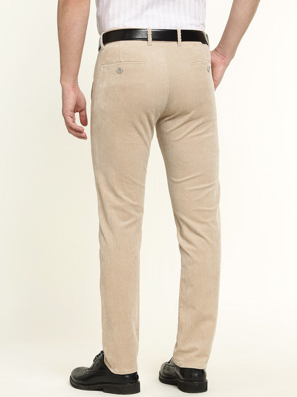Hancock Men Greige Cotton Stretch Mid-Rise Slim Fit Corduroy Trousers
