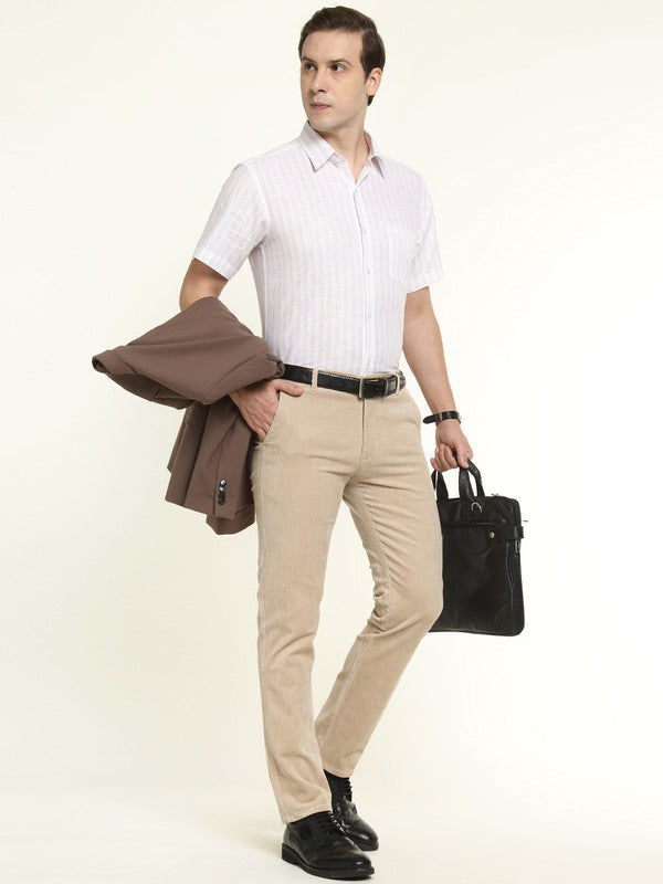 Hancock Men Greige Cotton Stretch Mid-Rise Slim Fit Corduroy Trousers