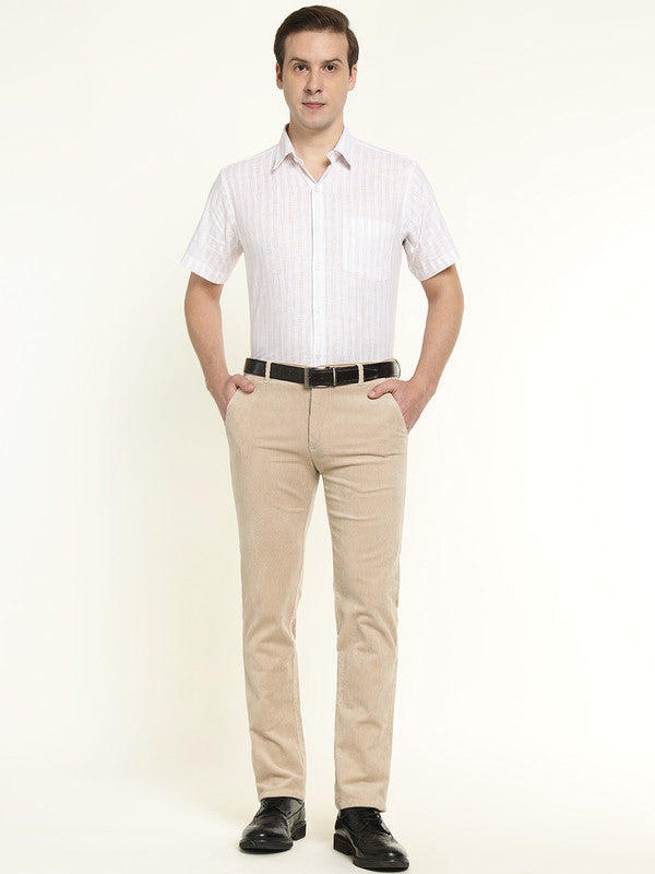 Hancock Men Greige Cotton Stretch Mid-Rise Slim Fit Corduroy Trousers