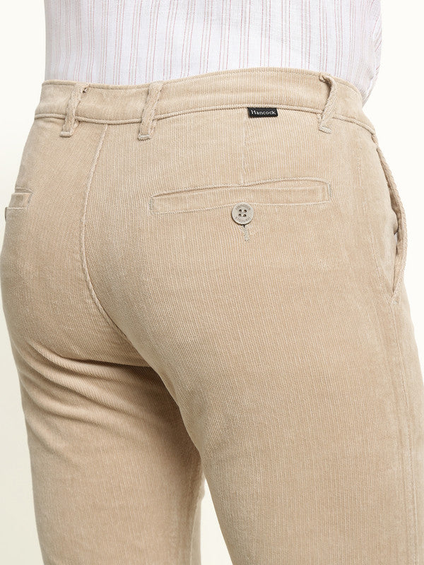 Hancock Men Greige Cotton Stretch Mid-Rise Slim Fit Corduroy Trousers