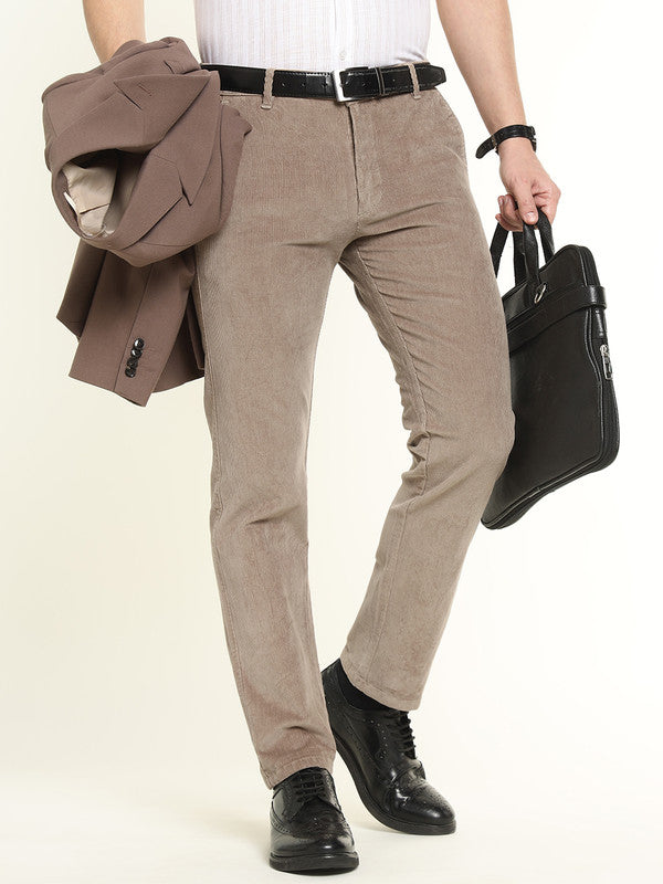 Hancock Men Beige Cotton Stretch Mid-Rise Slim Fit Corduroy Trousers