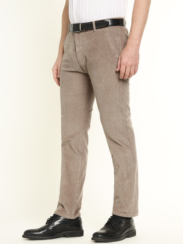 Hancock Men Beige Cotton Stretch Mid-Rise Slim Fit Corduroy Trousers