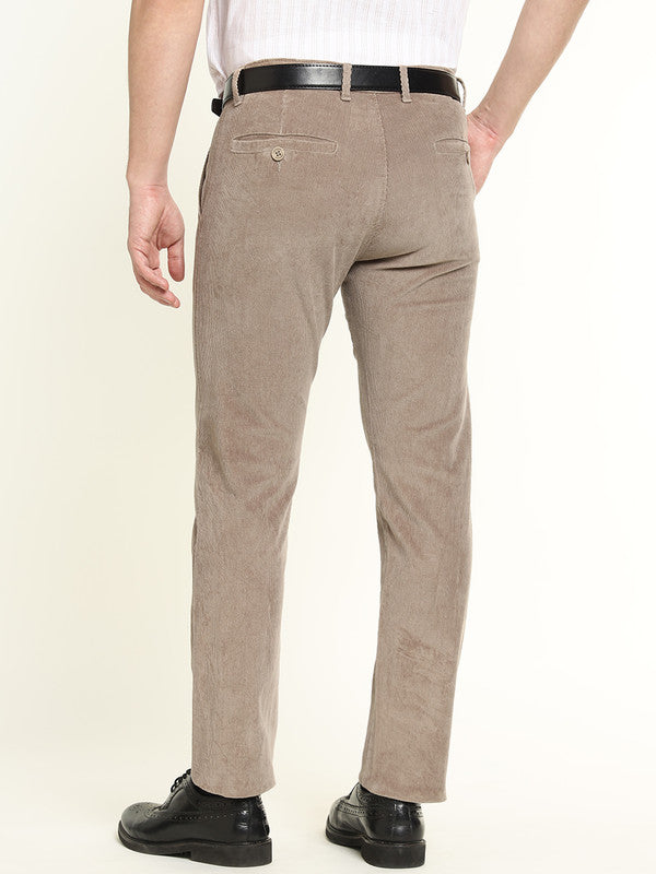 Hancock Men Beige Cotton Stretch Mid-Rise Slim Fit Corduroy Trousers