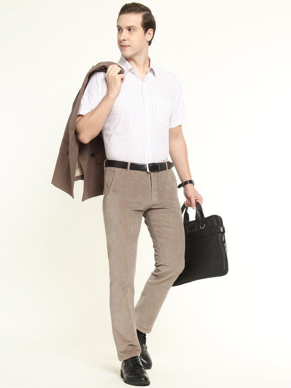 Hancock Men Beige Cotton Stretch Mid-Rise Slim Fit Corduroy Trousers