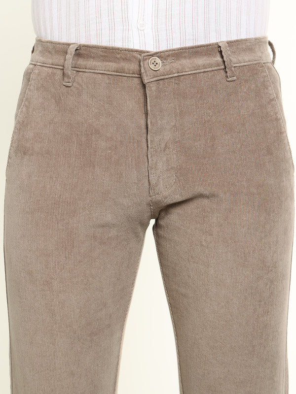 Hancock Men Beige Cotton Stretch Mid-Rise Slim Fit Corduroy Trousers