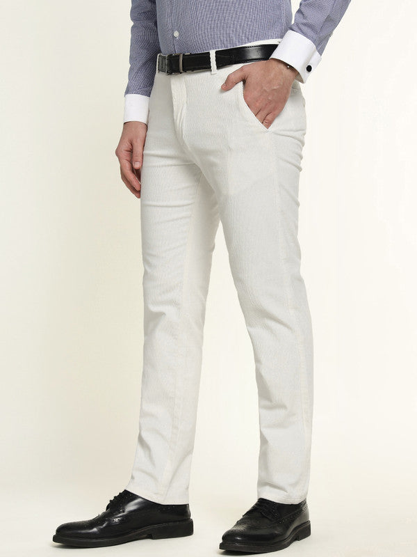 Hancock Men White Cotton Stretch Mid-Rise Slim Fit Corduroy Trousers
