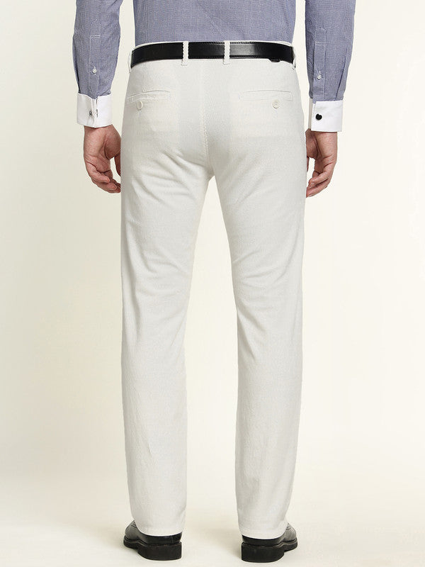 Hancock Men White Cotton Stretch Mid-Rise Slim Fit Corduroy Trousers