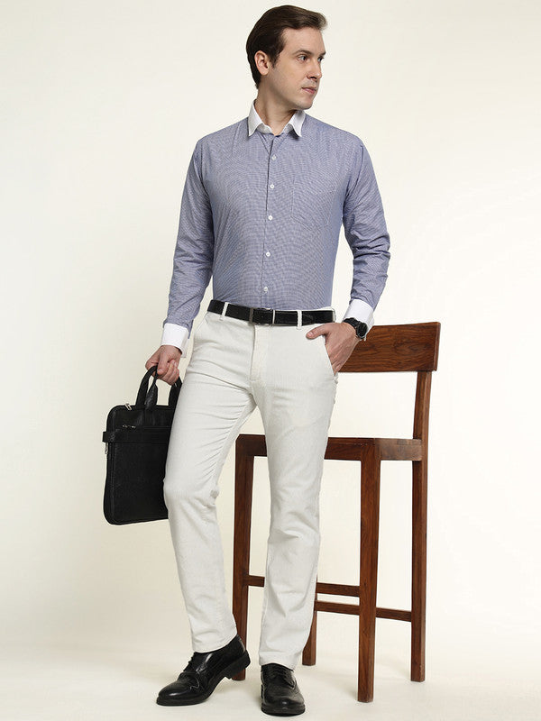 Hancock Men White Cotton Stretch Mid-Rise Slim Fit Corduroy Trousers