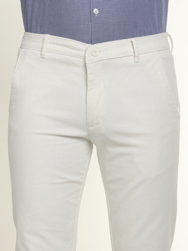 Hancock Men White Cotton Stretch Mid-Rise Slim Fit Corduroy Trousers