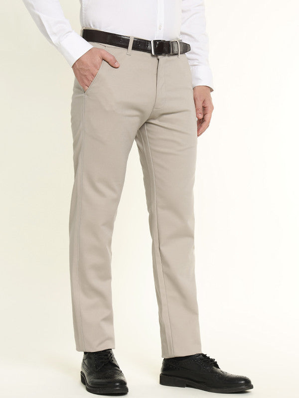 Hancock Men Beige Cotton Stretch Mid-Rise Slim Fit Formal Chinos Trousers