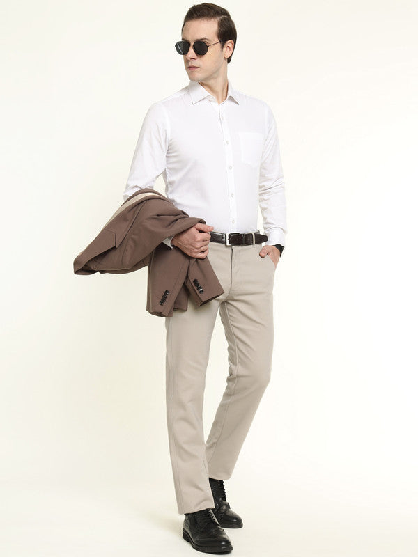 Hancock Men Beige Cotton Stretch Mid-Rise Slim Fit Formal Chinos Trousers