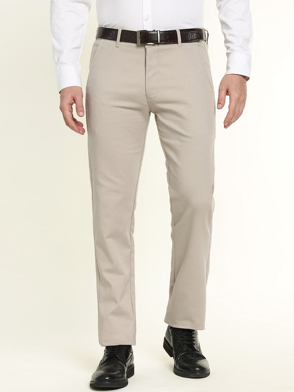 Hancock Men Beige Cotton Stretch Mid-Rise Slim Fit Formal Chinos Trousers