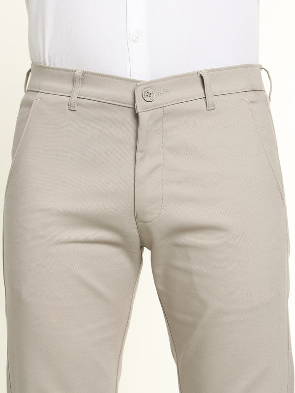Hancock Men Beige Cotton Stretch Mid-Rise Slim Fit Formal Chinos Trousers