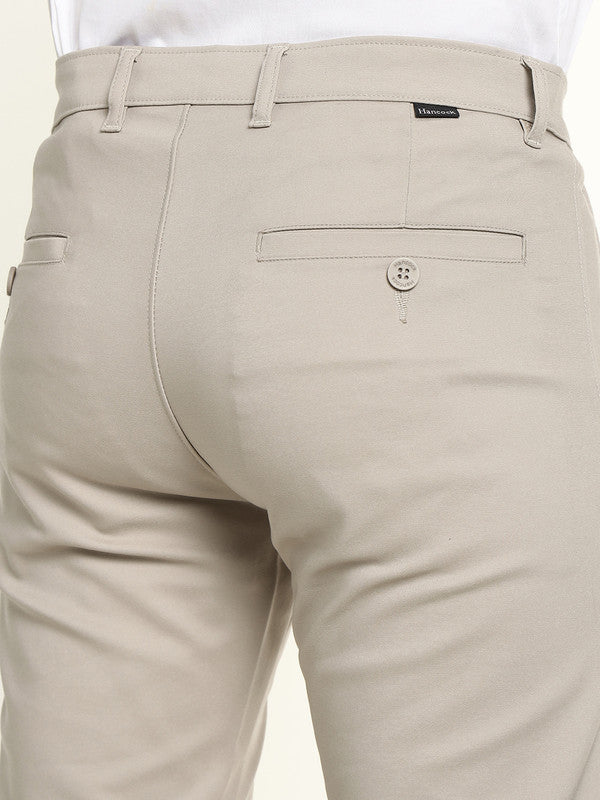 Hancock Men Beige Cotton Stretch Mid-Rise Slim Fit Formal Chinos Trousers