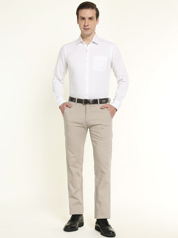 Hancock Men Beige Cotton Stretch Mid-Rise Slim Fit Formal Chinos Trousers