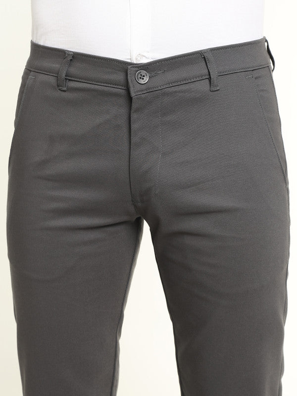 Hancock Men Dark Grey Cotton Stretch Mid-Rise Slim Fit Formal Chinos Trousers
