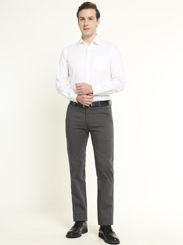 Hancock Men Dark Grey Cotton Stretch Mid-Rise Slim Fit Formal Chinos Trousers