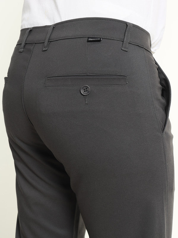 Hancock Men Dark Grey Cotton Stretch Mid-Rise Slim Fit Formal Chinos Trousers