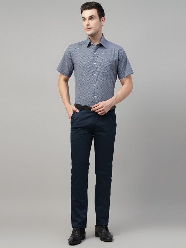 Hancock Men Navy Blue Cotton Stretch Mid-Rise Slim Fit Formal Chinos Trousers