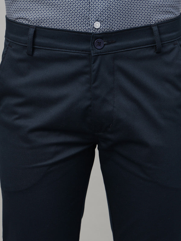 Hancock Men Navy Blue Cotton Stretch Mid-Rise Slim Fit Formal Chinos Trousers
