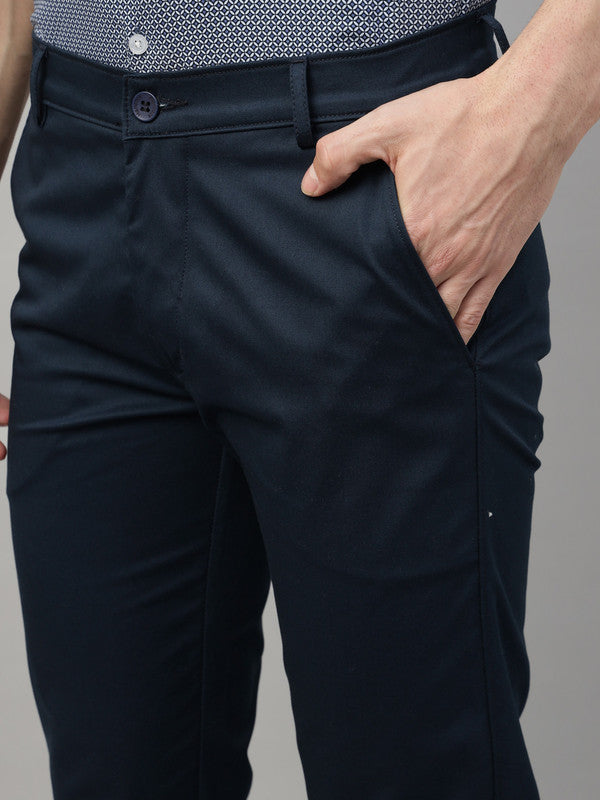 Hancock Men Navy Blue Cotton Stretch Mid-Rise Slim Fit Formal Chinos Trousers