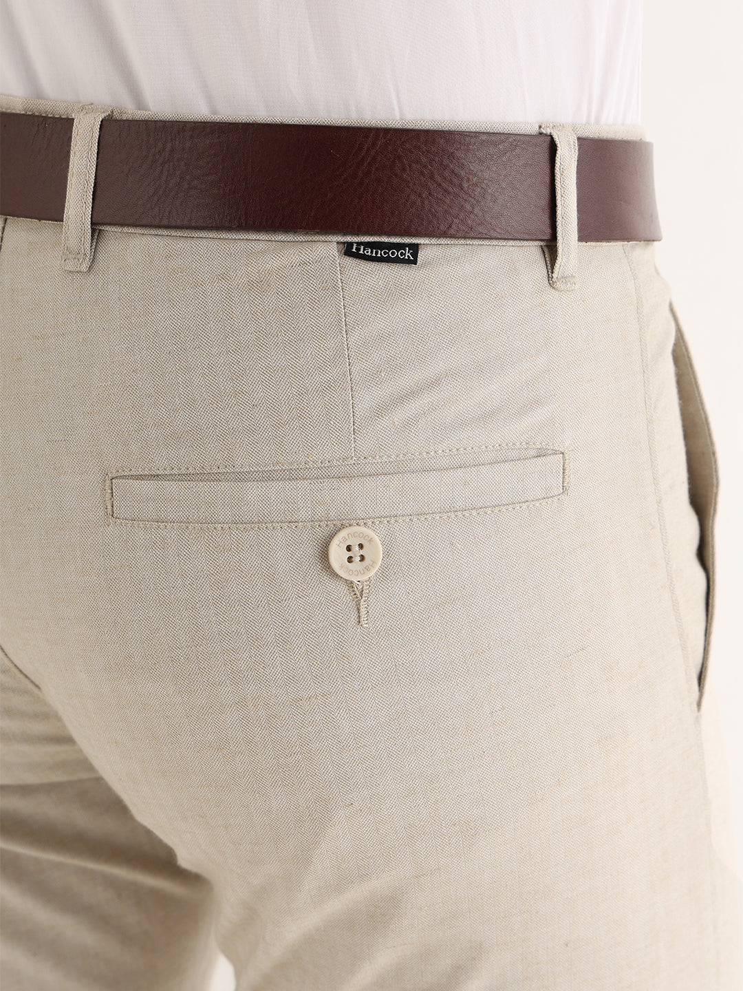 Hancock   Men   Beige   Solid Self Design   Cotton Elastane   Slim Fit   Formal   Trouser