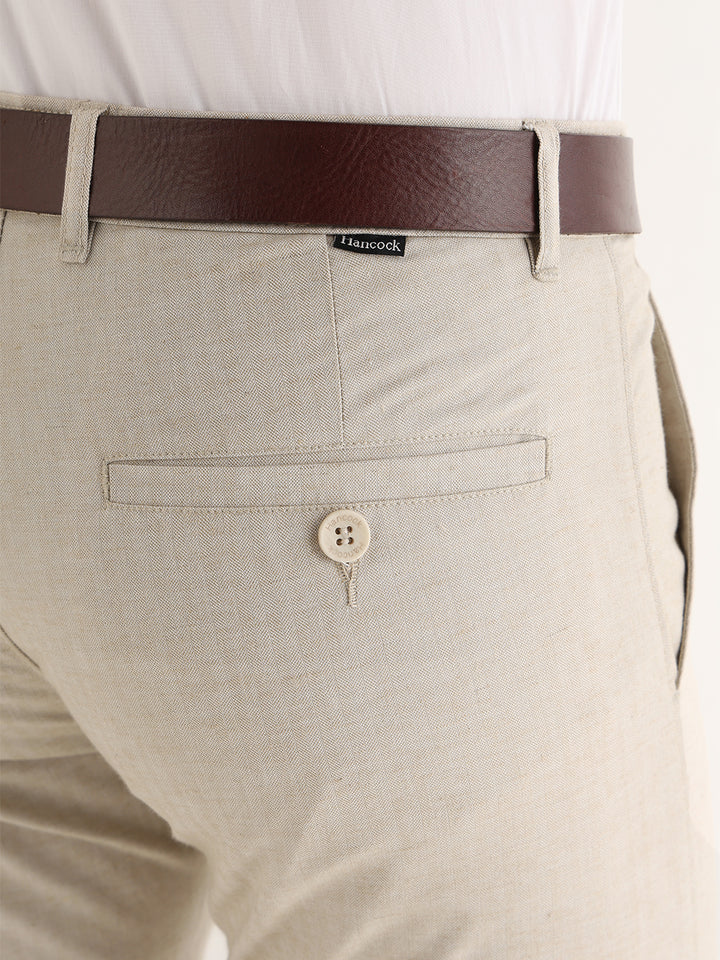 Hancock   Men   Beige   Solid Self Design   Cotton Elastane   Slim Fit   Formal   Trouser