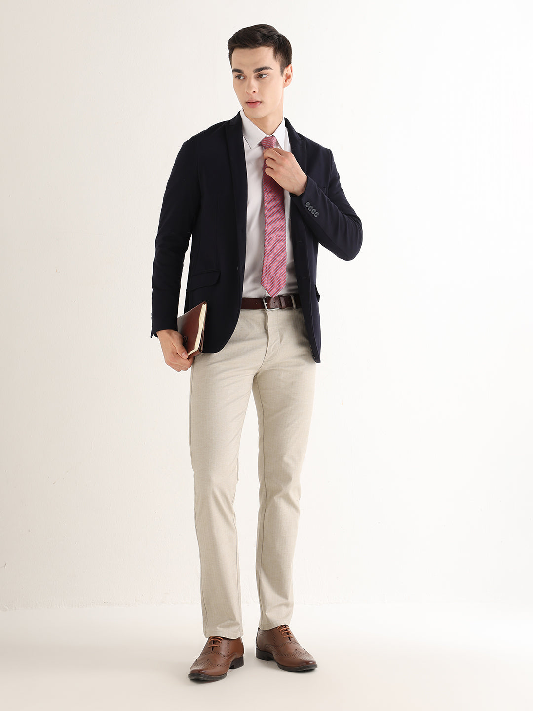 Hancock   Men   Beige   Solid Self Design   Cotton Elastane   Slim Fit   Formal   Trouser