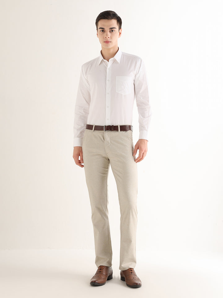 Hancock   Men   Beige   Solid Self Design   Cotton Elastane   Slim Fit   Formal   Trouser
