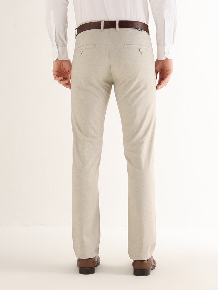 Hancock   Men   Beige   Solid Self Design   Cotton Elastane   Slim Fit   Formal   Trouser
