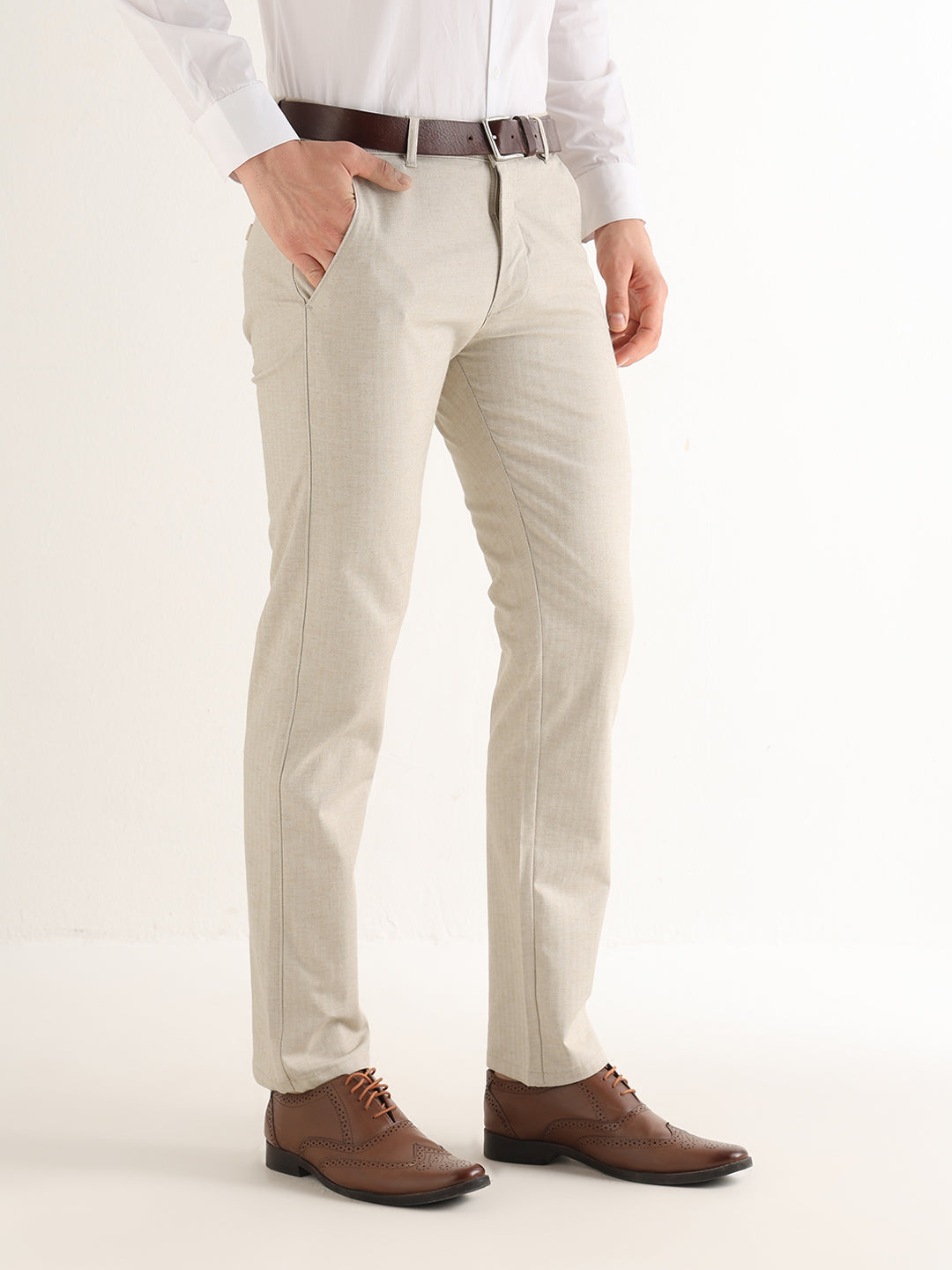 Hancock   Men   Beige   Solid Self Design   Cotton Elastane   Slim Fit   Formal   Trouser