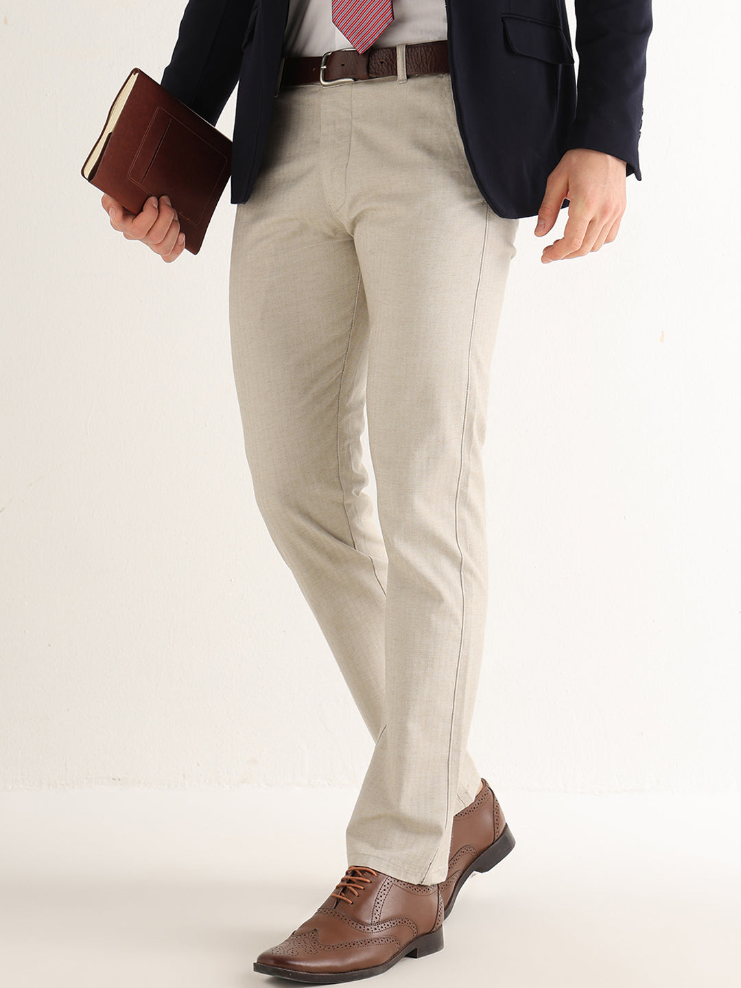 Hancock   Men   Beige   Solid Self Design   Cotton Elastane   Slim Fit   Formal   Trouser