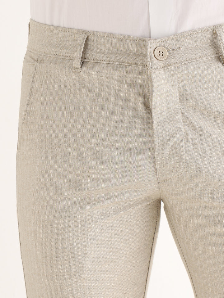 Hancock   Men   Beige   Solid Self Design   Cotton Elastane   Slim Fit   Formal   Trouser