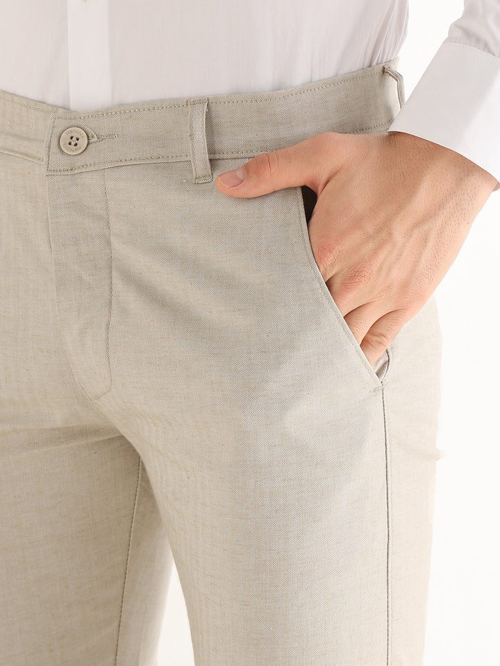Hancock   Men   Beige   Solid Self Design   Cotton Elastane   Slim Fit   Formal   Trouser