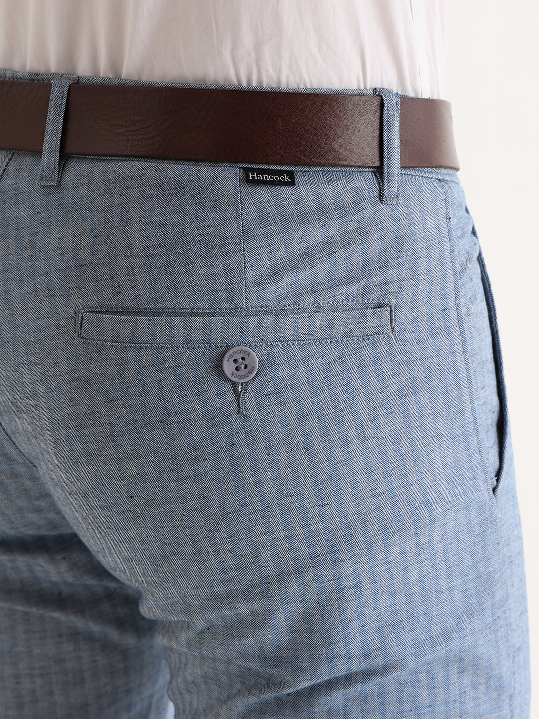Hancock   Men   Blue   Solid Self Design   Cotton Elastane   Slim Fit   Formal   Trouser