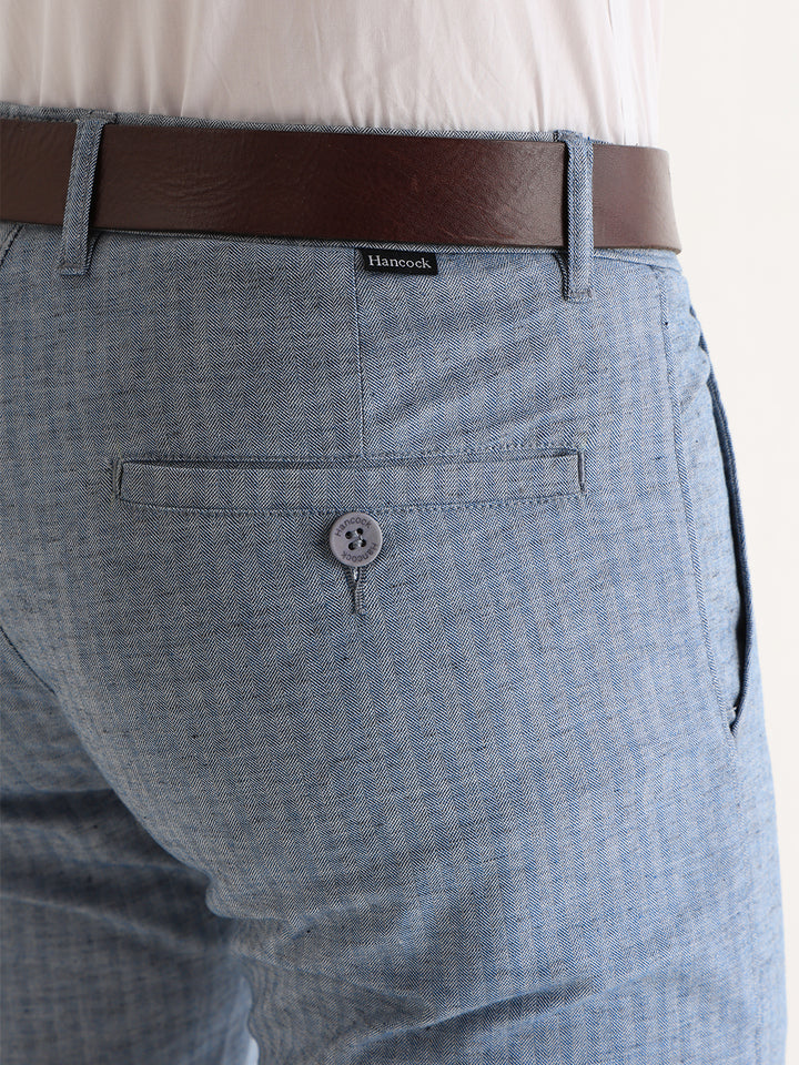 Hancock   Men   Blue   Solid Self Design   Cotton Elastane   Slim Fit   Formal   Trouser