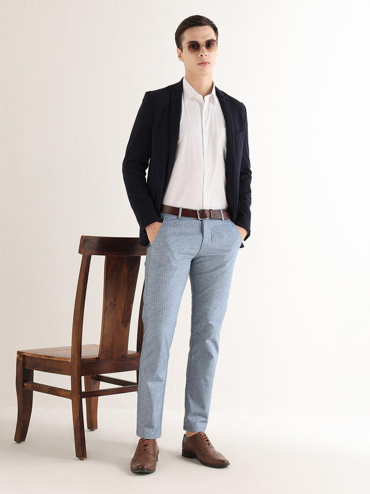 Hancock   Men   Blue   Solid Self Design   Cotton Elastane   Slim Fit   Formal   Trouser