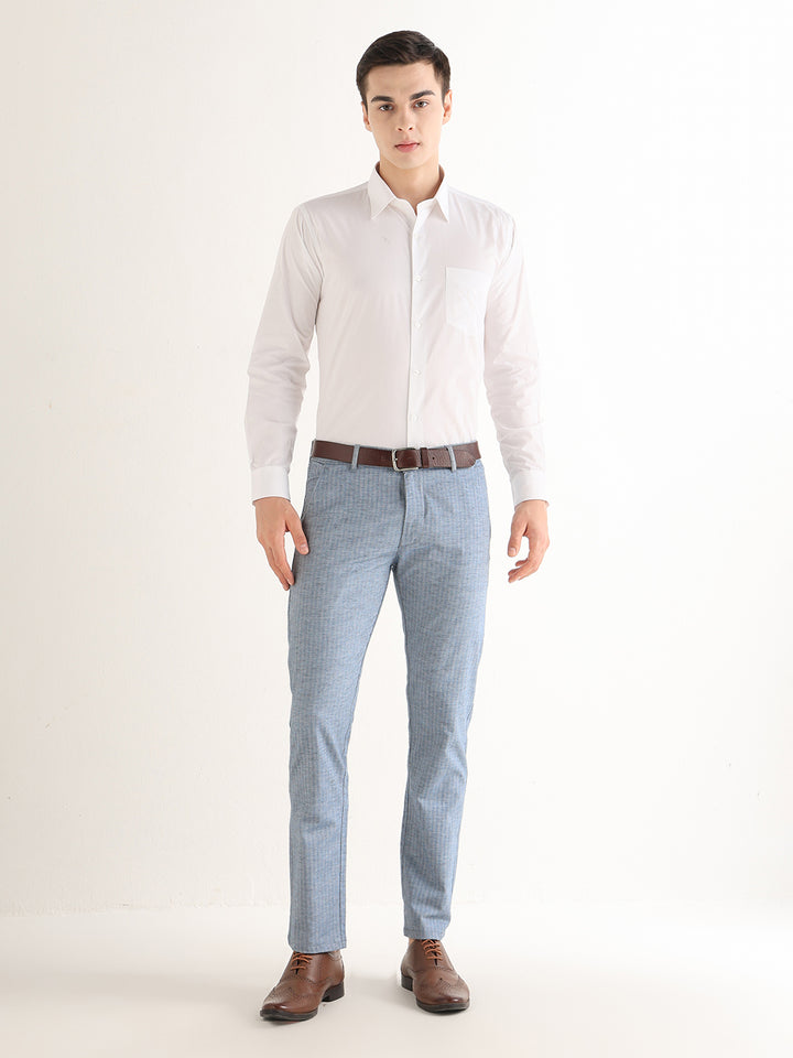 Hancock   Men   Blue   Solid Self Design   Cotton Elastane   Slim Fit   Formal   Trouser