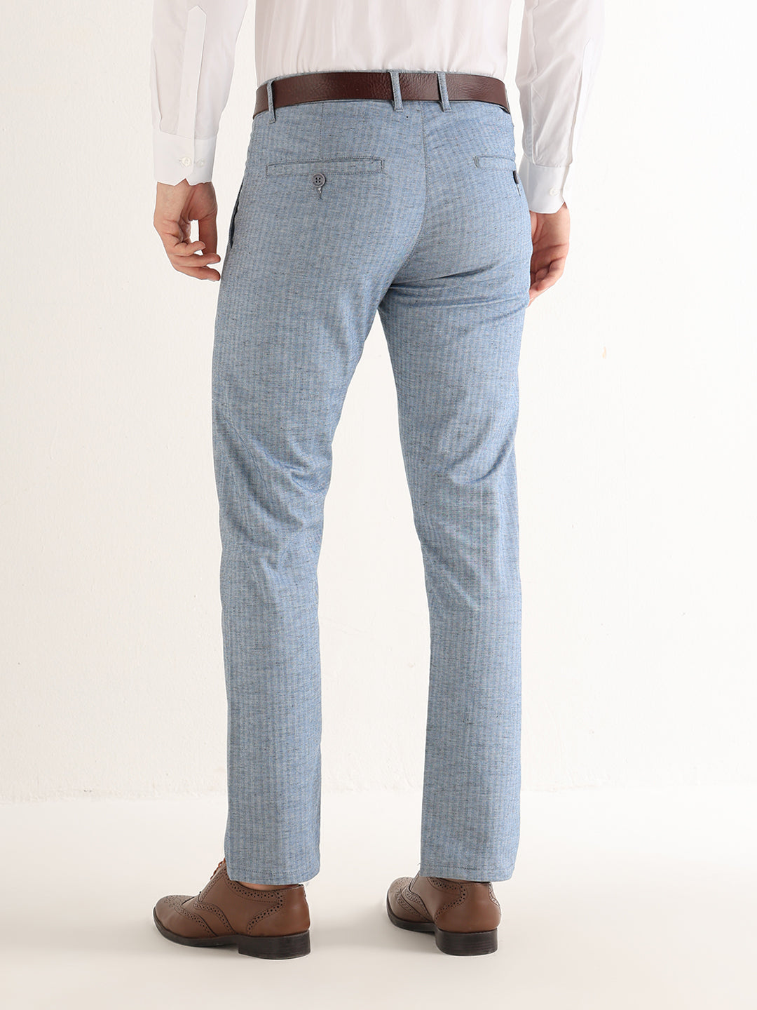 Hancock   Men   Blue   Solid Self Design   Cotton Elastane   Slim Fit   Formal   Trouser