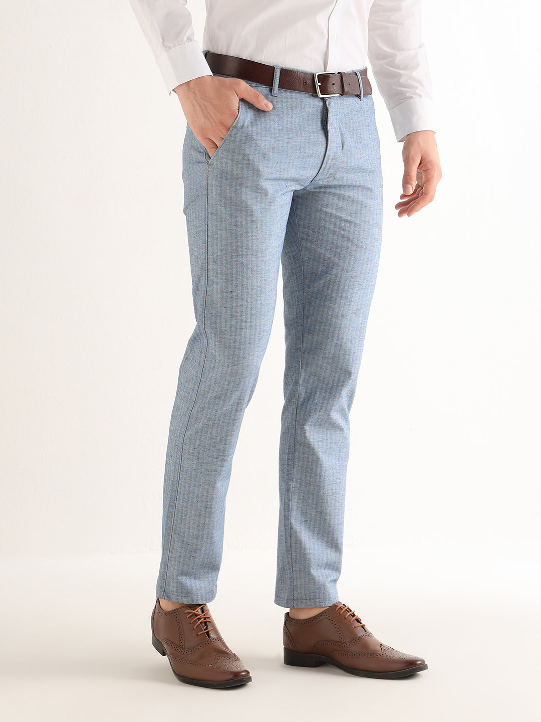 Hancock   Men   Blue   Solid Self Design   Cotton Elastane   Slim Fit   Formal   Trouser