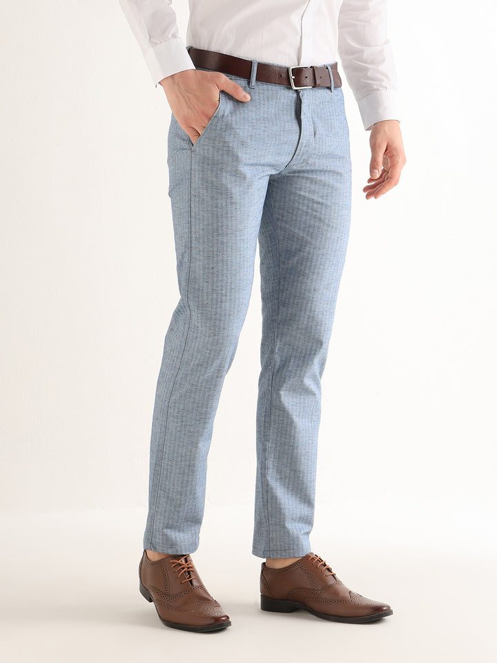 Hancock   Men   Blue   Solid Self Design   Cotton Elastane   Slim Fit   Formal   Trouser