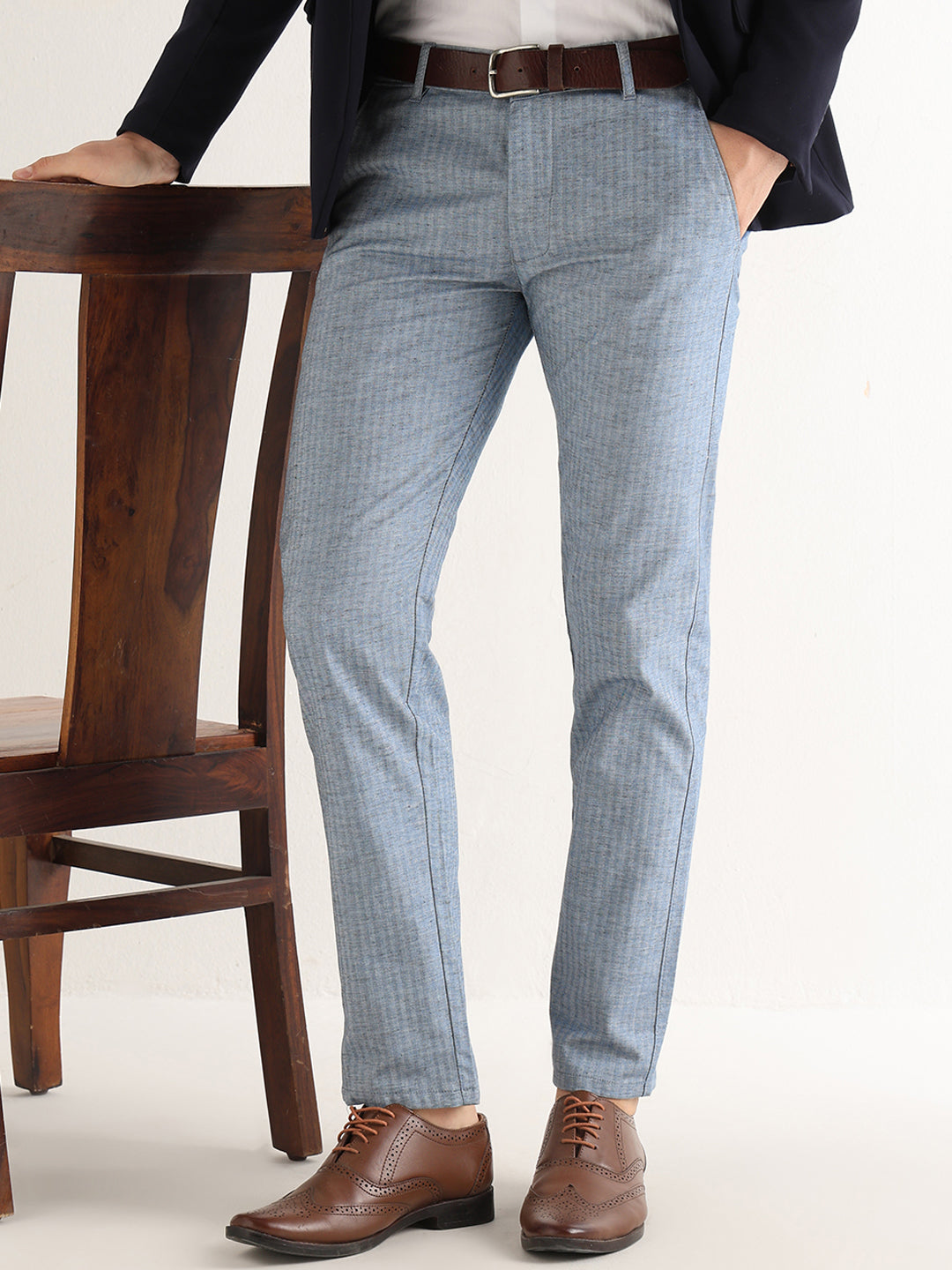 Hancock   Men   Blue   Solid Self Design   Cotton Elastane   Slim Fit   Formal   Trouser